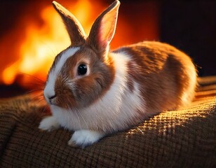 AI Image of a domesticated bunny rabbit sitting in a cozy setting, with a fireplace in the background.