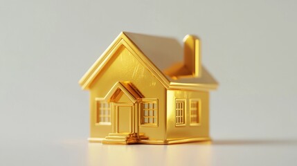 Golden miniature house model on white background.