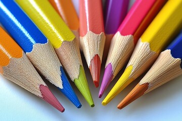 Fototapeta premium Colorful pencils arranged in a fan shape for artistic use.