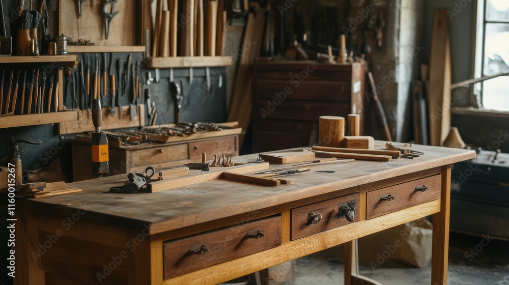 Poster a professional woodworking bench in a rustic workshop, woodworking tools and materials neatly organi
