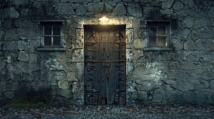 Old wooden door in a stone wall lit by a single lamp at night.