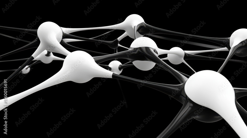Poster abstract composition of black and white spheres interconnected in a dynamic network of lines