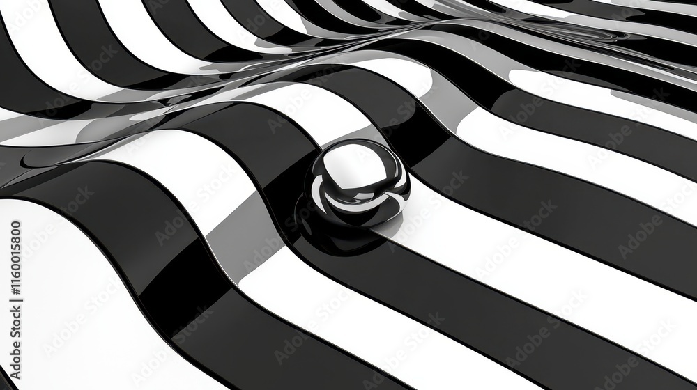 Poster abstract 3d pattern with black and white wavy stripes and a smooth reflective sphere on surface