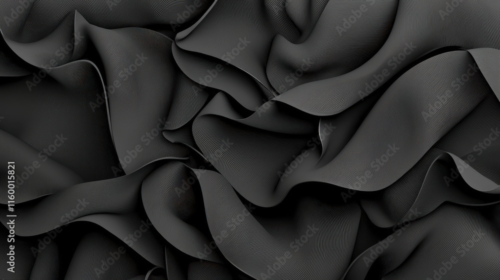 Poster elegant black fabric with soft waves and pleats capturing light and depth in textile design
