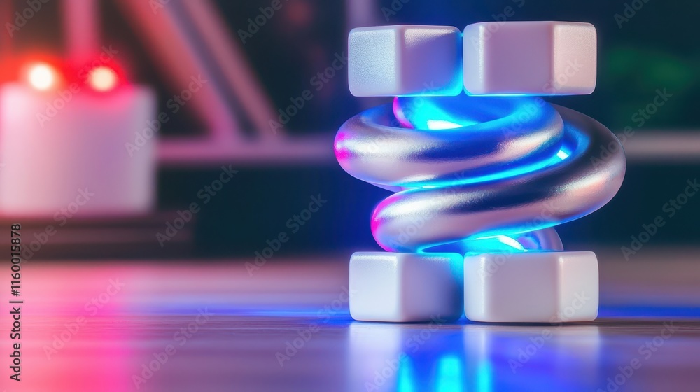 Poster abstract sculpture with colorful lighting highlighting a twisty design in a modern artistic setting