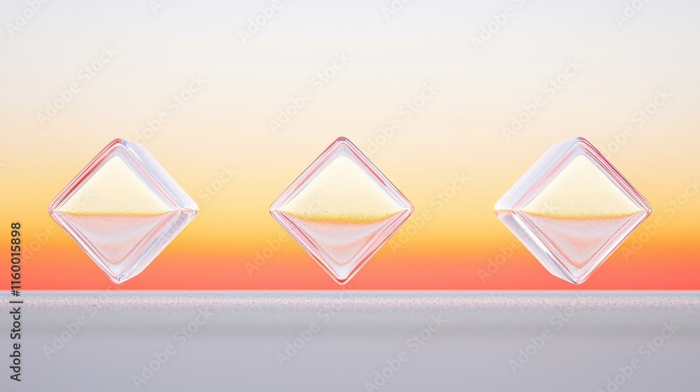 Poster three floating geometric shapes with soft gradient background at sunset glow for abstract art