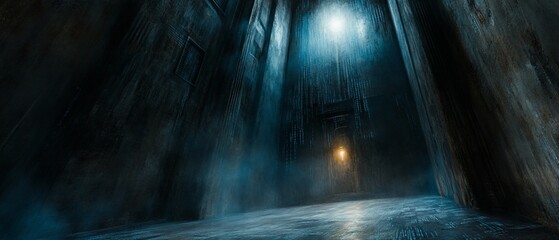 Dark, eerie hallway with dramatic lighting and misty atmosphere.