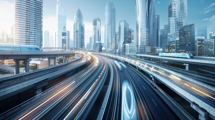 Urban Horizon. Modern cityscape with towering skyscrapers and bustling transport.