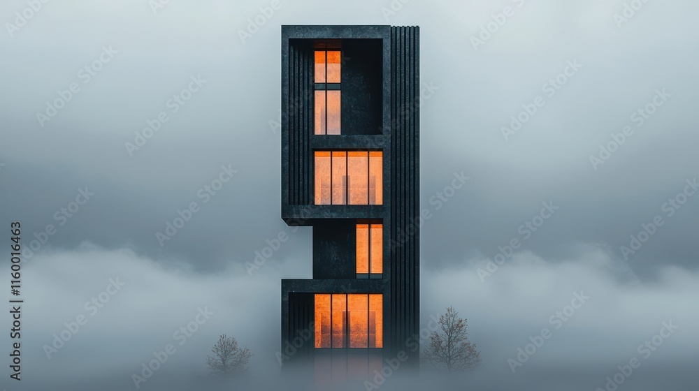 Poster modern architectural structure emerging from fog with glowing orange windows at twilight