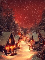 Enchanting Snowy Village at Christmas with Majestic Dragon Frame and Festive Lights Under a Striking Red Sky in a Magical Winter Wonderland