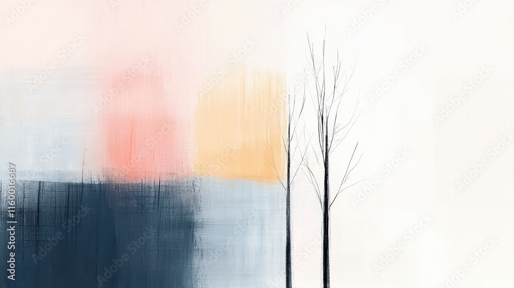 Poster minimalist abstract landscape with trees and soft color palette aesthetics