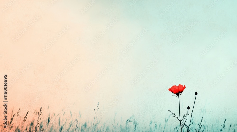 Poster delicate red flower against soft gradient background in gentle nature setting