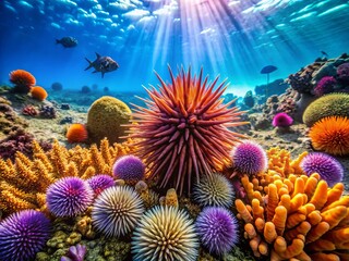 Eye-Level Underwater Scene: Urchin and Coral Reef Biodiversity - Vibrant Marine Life Photography