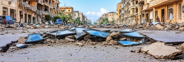 A devastated urban street with debris and damaged buildings following a disaster.