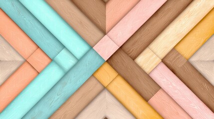 Colorful Geometric Pattern Background with Textured Wooden Planks in Light and Pastel Shades