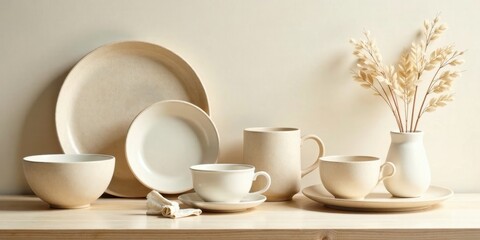 Obraz premium A serene arrangement of minimalist earthenware tableware, including a bowl, mugs, plates, and a delicate saucer, subtly complements a vase of dried floral accents on a light wooden surface.