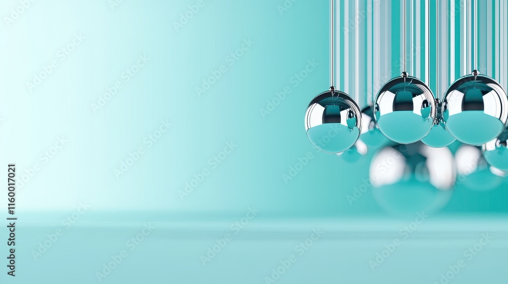 Poster reflective metal spheres in a minimalist setting with blue gradient background and dropping motion
