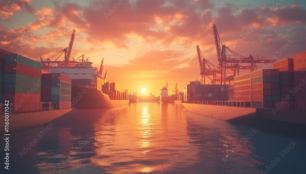 Poster sunset over container ships in harbor.