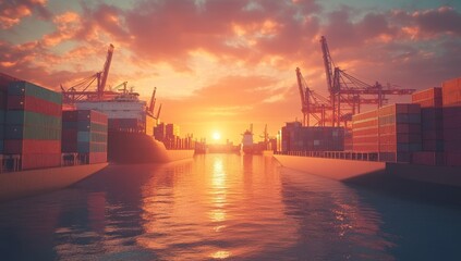 Fototapeta premium Sunset over container ships in harbor.