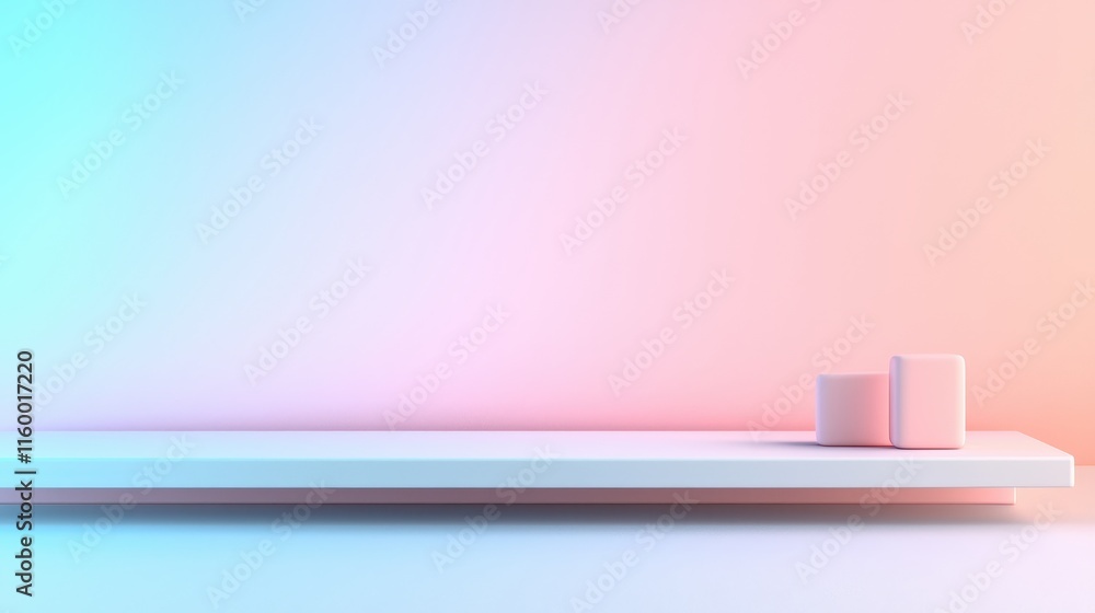 Aufkleber minimalist display with cubes on white shelf against soft gradient background in pastel colors