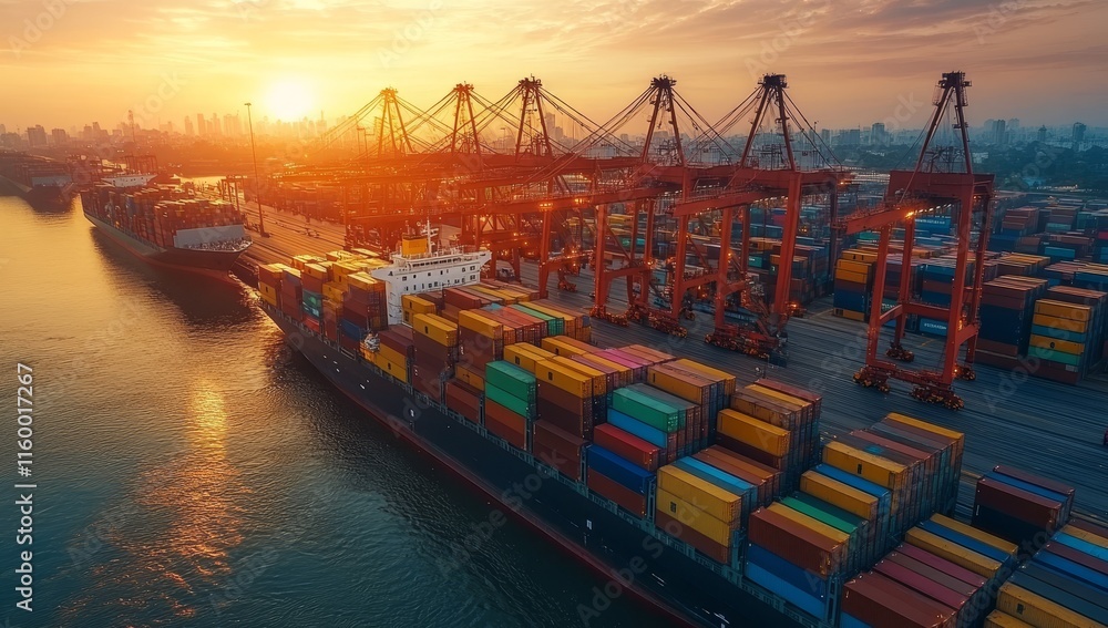 Poster container ship at sunset in a busy port.