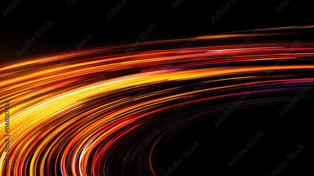 Poster vibrant abstract light trails in red, orange, and yellow on black background creating a dynamic effe