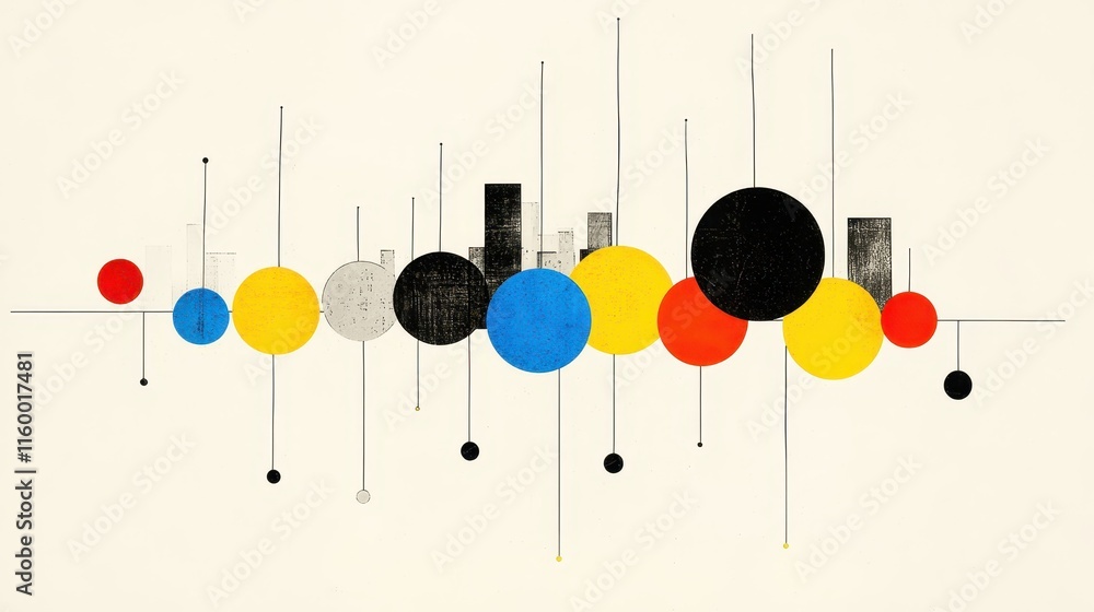 Aufkleber abstract composition with bold shapes and colors featuring circles and lines on a light background