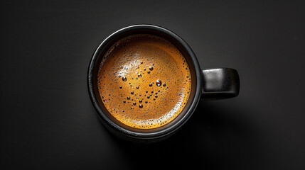 Top view of freshly brewed black coffee with bubbles and crema.