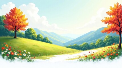 Serene Autumnal Meadow Landscape Featuring Vibrant Trees and Blooming Wildflowers on a Gently Rolling Hillside Against a Misty Mountain Range