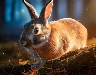 AI generated image of a cute bunny rabbit in a forest setting.