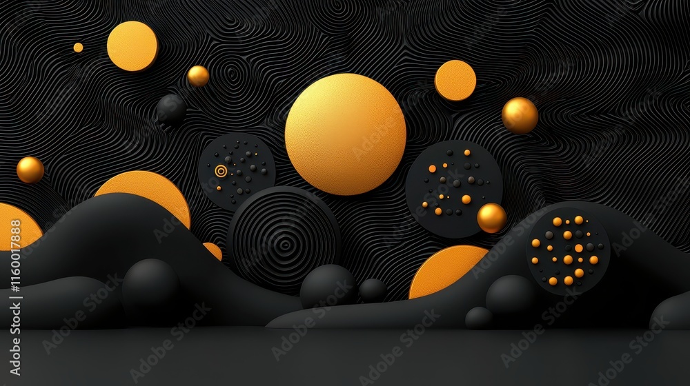 Poster abstract composition of black waves and golden spheres with intricate patterns on a dark background