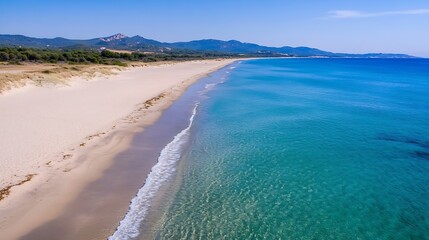 Fototapeta premium Pristine Sandy Beach with Turquoise Waters and Blue Sky in a Serene Coastal Setting : Generative AI