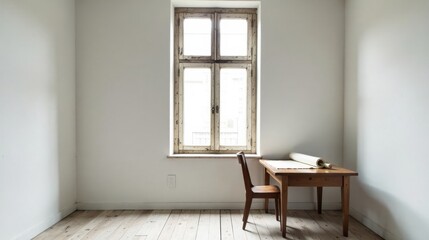 Fototapeta premium A simple room with a weathered window, wooden chair, and a roll of material on a small table.