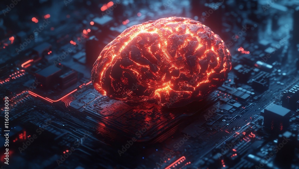 Poster Fiery brain on a circuit board, representing AI or neural networks.