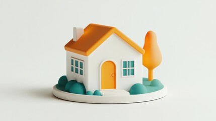 3D render of a small house with orange roof and tree.