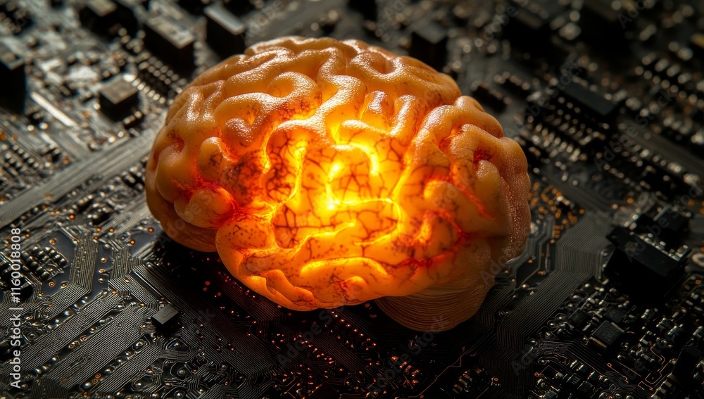 Poster Illuminated brain model on circuit board.