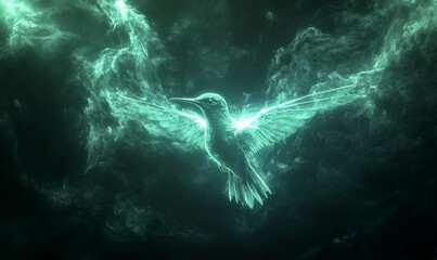 Ethereal hummingbird soaring through a mystical, smoky backdrop.