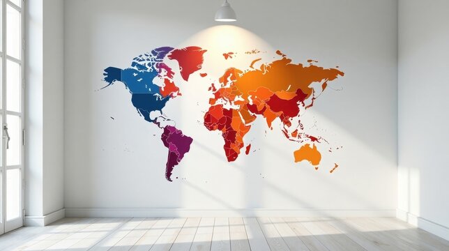 Fototapeta A Vibrant Multicolored World Map Adorning a Modern Room's Wall, Bathed in Sunlight