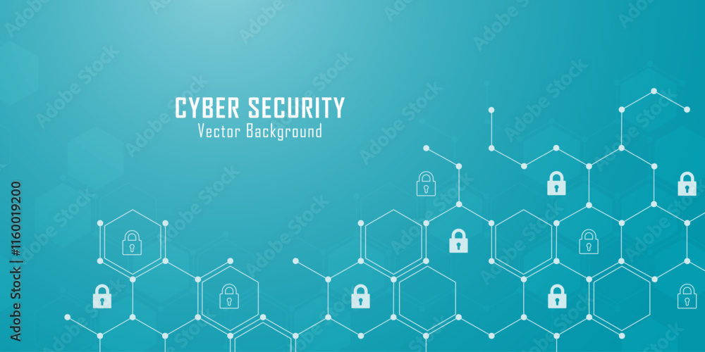 Poster Concept of cybersecurity and network protection. Hexagonal molecules and padlock abstract background for innovation technology, science. Secure technology. Vector illustration.