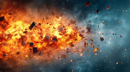 Explosive scene with fiery debris and dynamic motion effects.