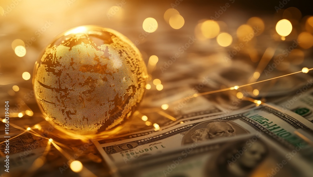 Poster golden globe on dollar bills with bokeh lights.