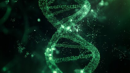 Glowing green DNA helix in dark space.