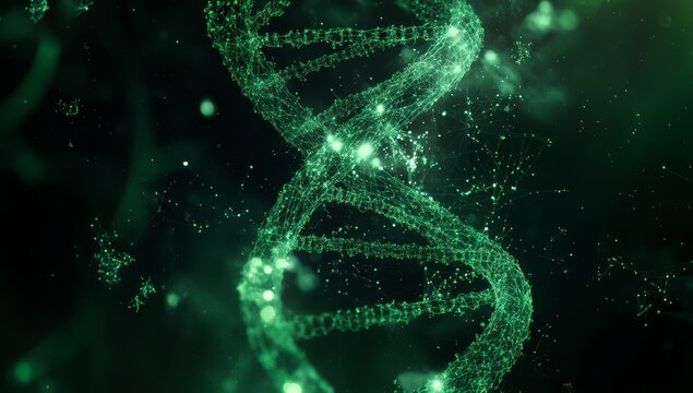 Glowing green DNA helix in dark space.