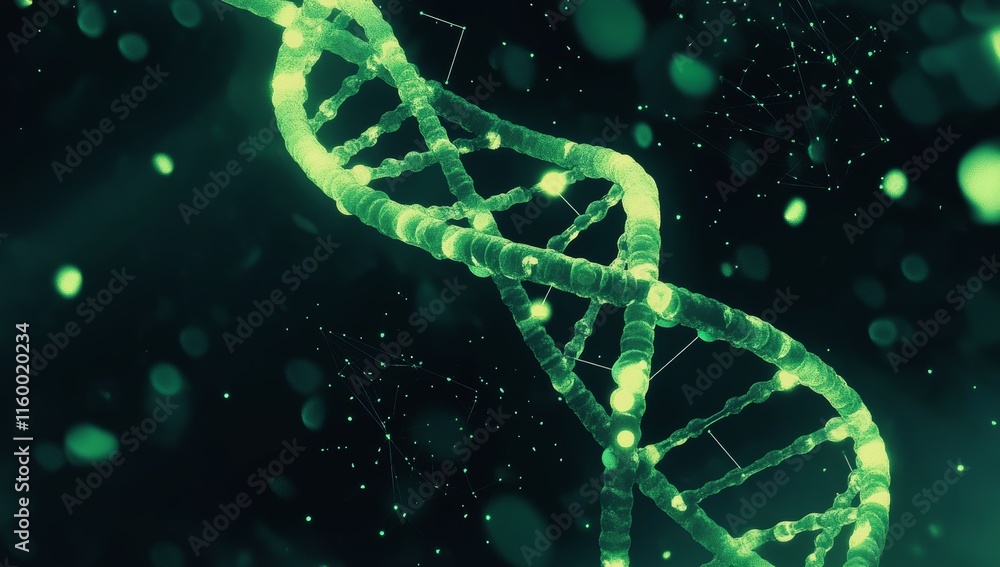 Poster glowing green dna helix with bokeh background. (1)