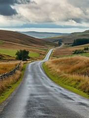 Endless Countryside Road Winding Through Rolling Hills in Expansive Rural Landscape : Generative AI