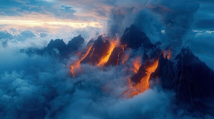 A dramatic volcanic landscape with lava flowing amidst clouds at sunset.