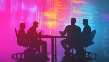 Silhouetted business team meeting, digital background.