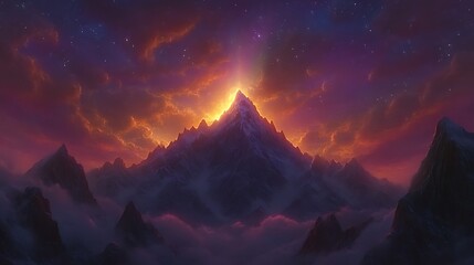 Majestic Mountain Peak Glowing Under Starry Night Sky