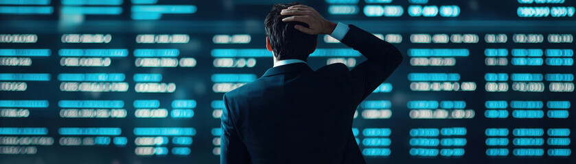 Business corporation competition. Business professional analyzing market data with blue digital displays in the background.