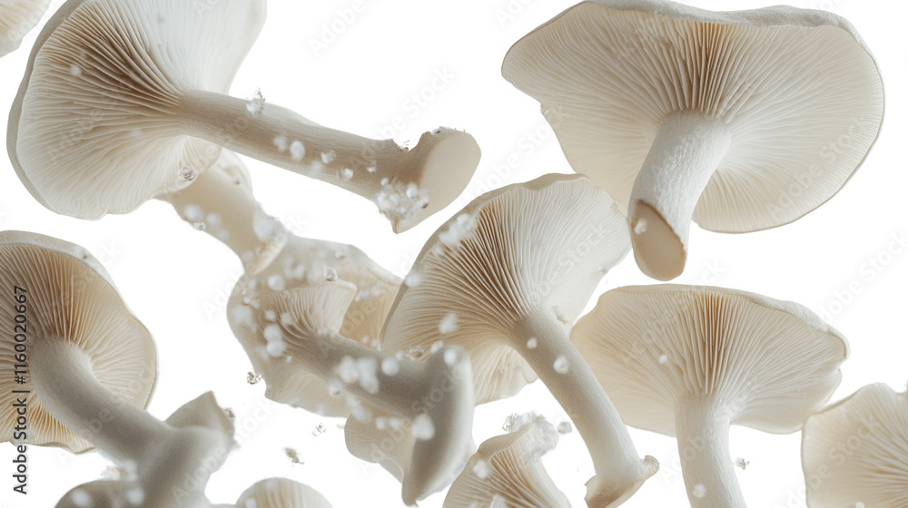 Poster flying champignon mushrooms isolated transparent background